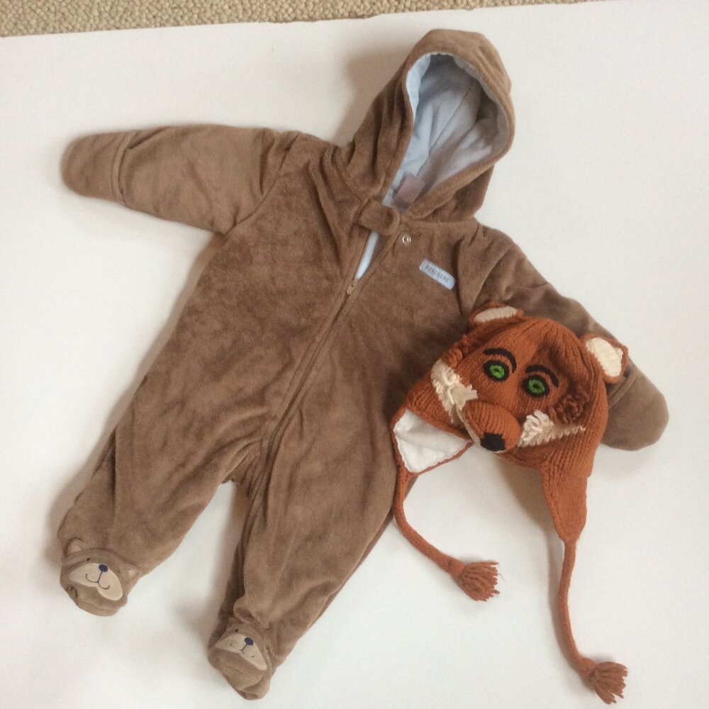 Child of Mine Hooded Brown Bear 1 Piece 3-6 Months & Vive Bien Wool Fox Hat OS